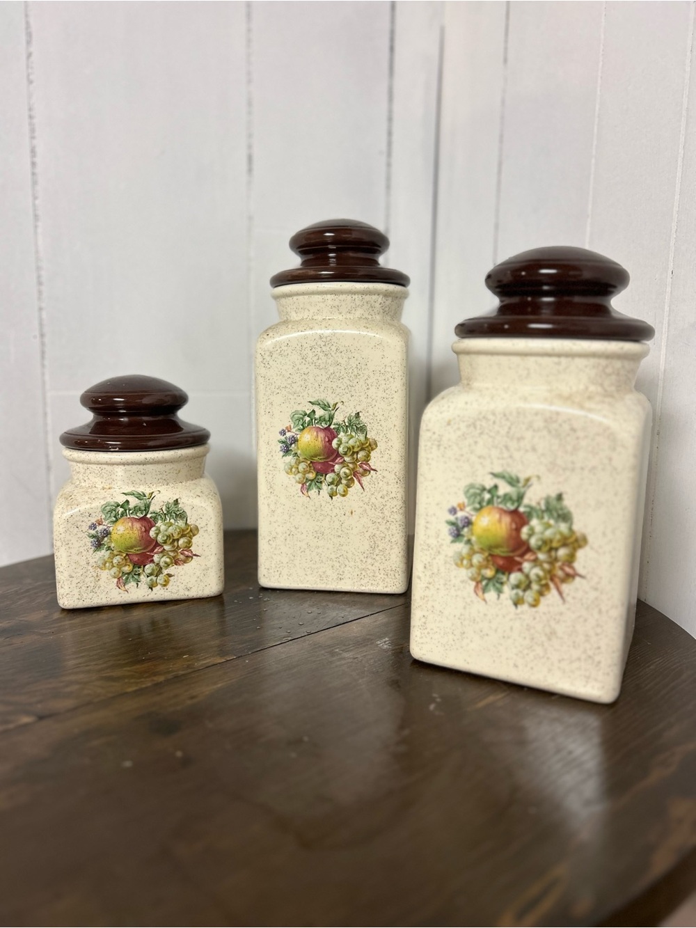 Vintage 1960s Speckled Ceramic Canister Set of 3 with Fruit Motif - Brown Lids s